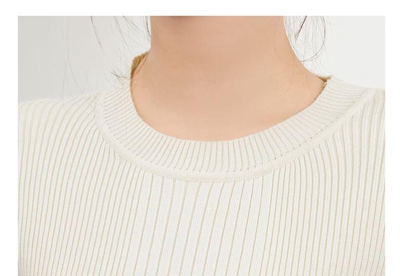 Long-Sleeve Round Neck Plain Ribbed Knit Top Product Image