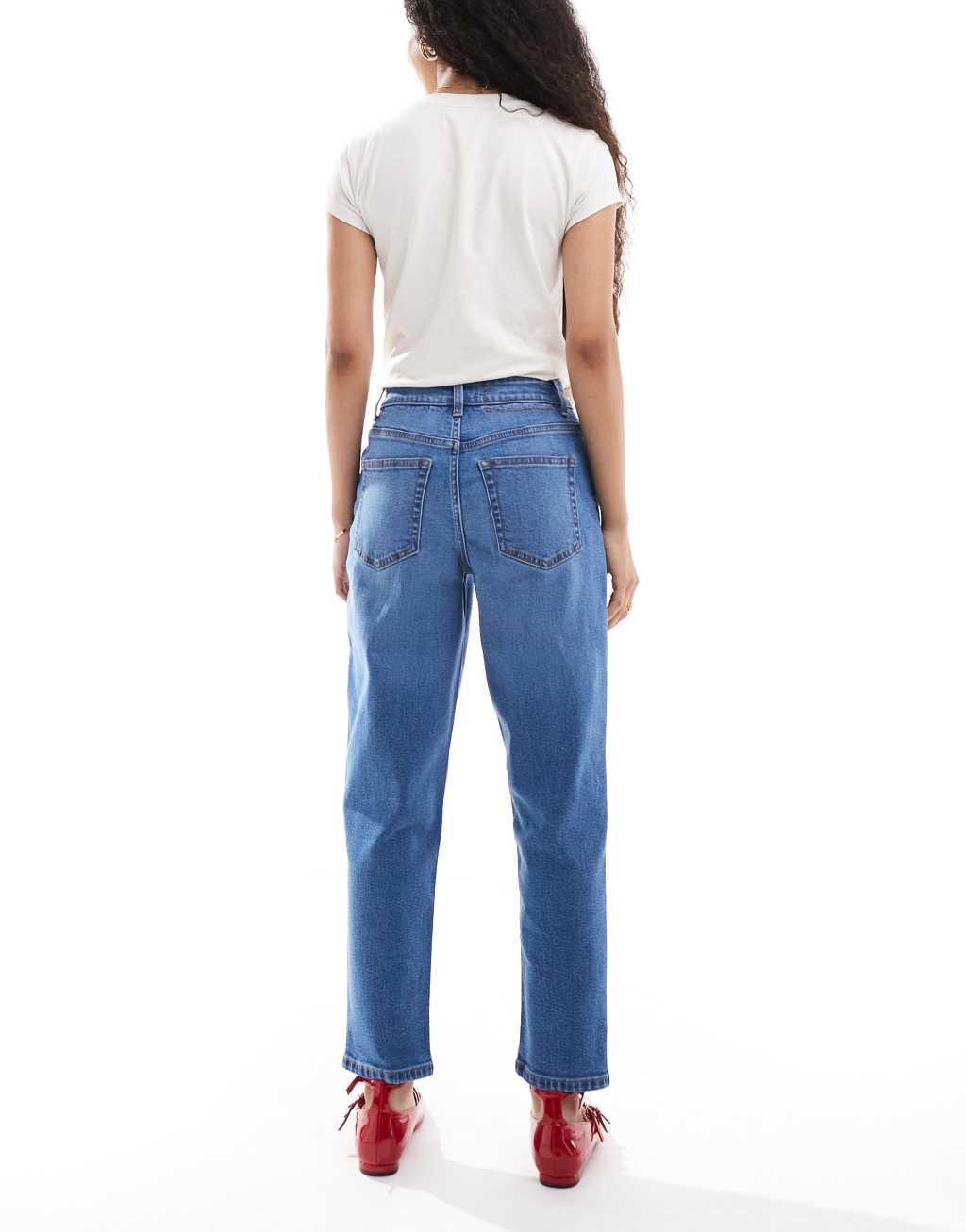 Miss Selfridge Petite mom jean in mid blue wash Product Image