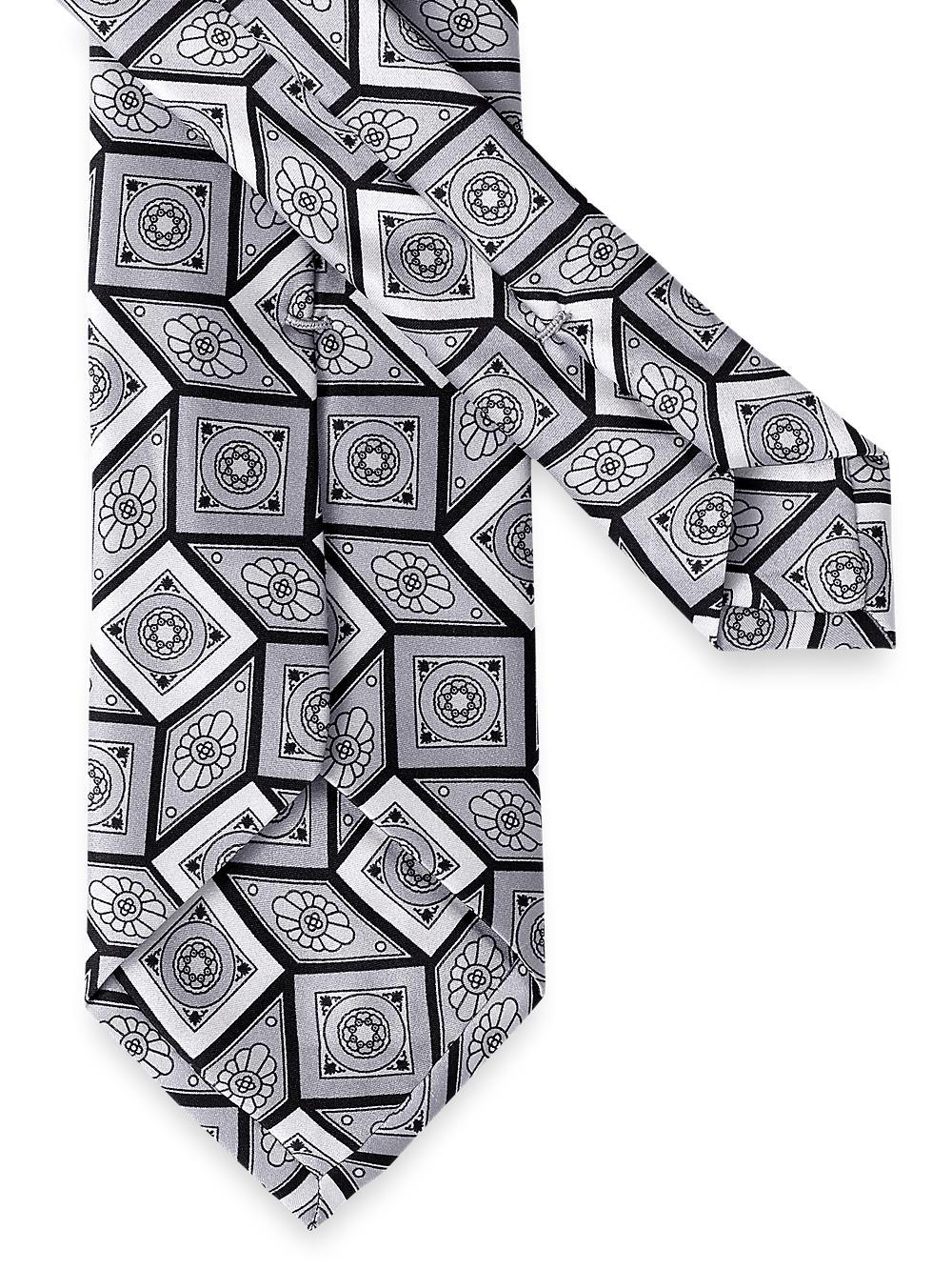 Medallion Printed Italian Silk Tie - Silver Product Image