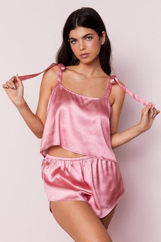 Satin Tie Shoulder Pyjama Top and Shorts Set Product Image