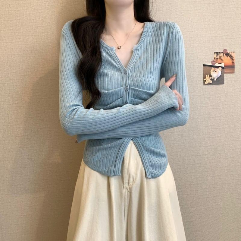 Long-Sleeve Notch Neck Plain Ribbed Button Knit Top Product Image