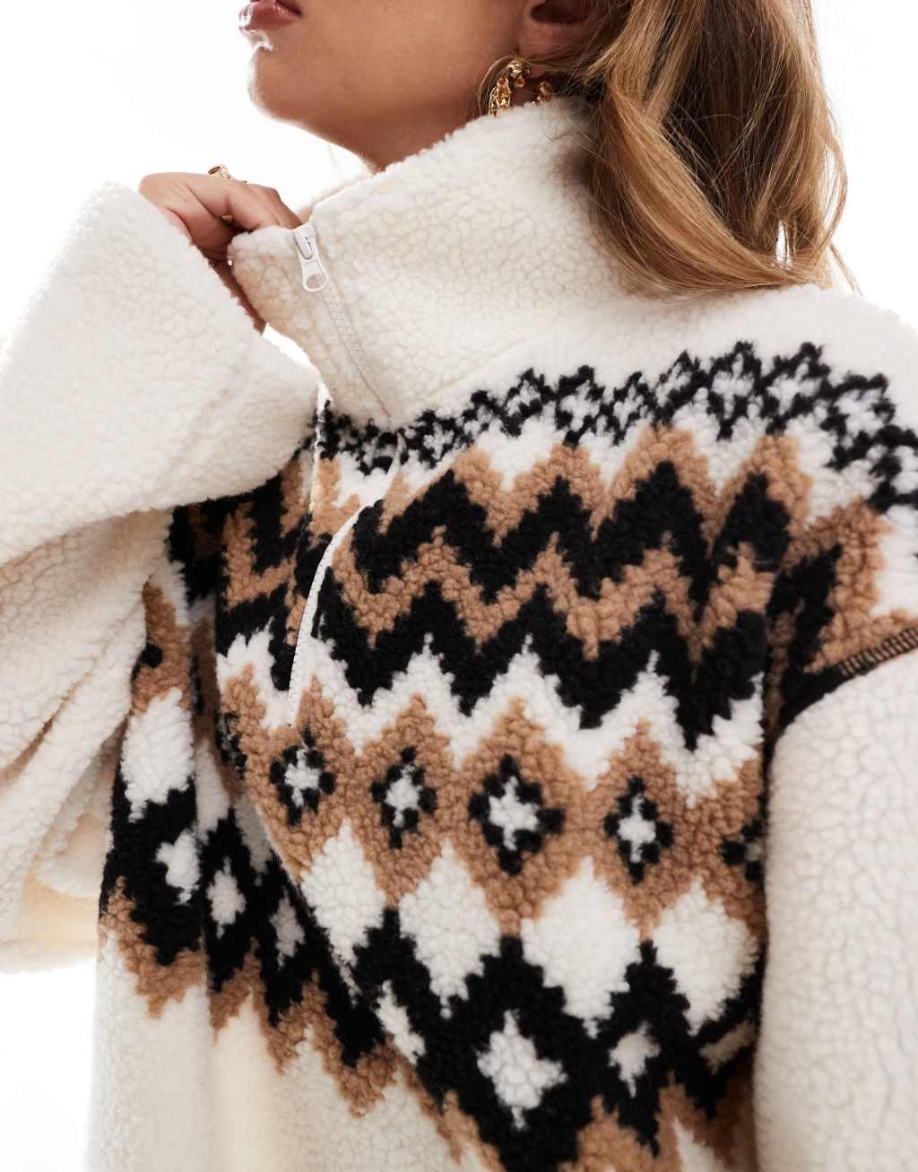 ASOS DESIGN borg half zip with fairisle design Product Image