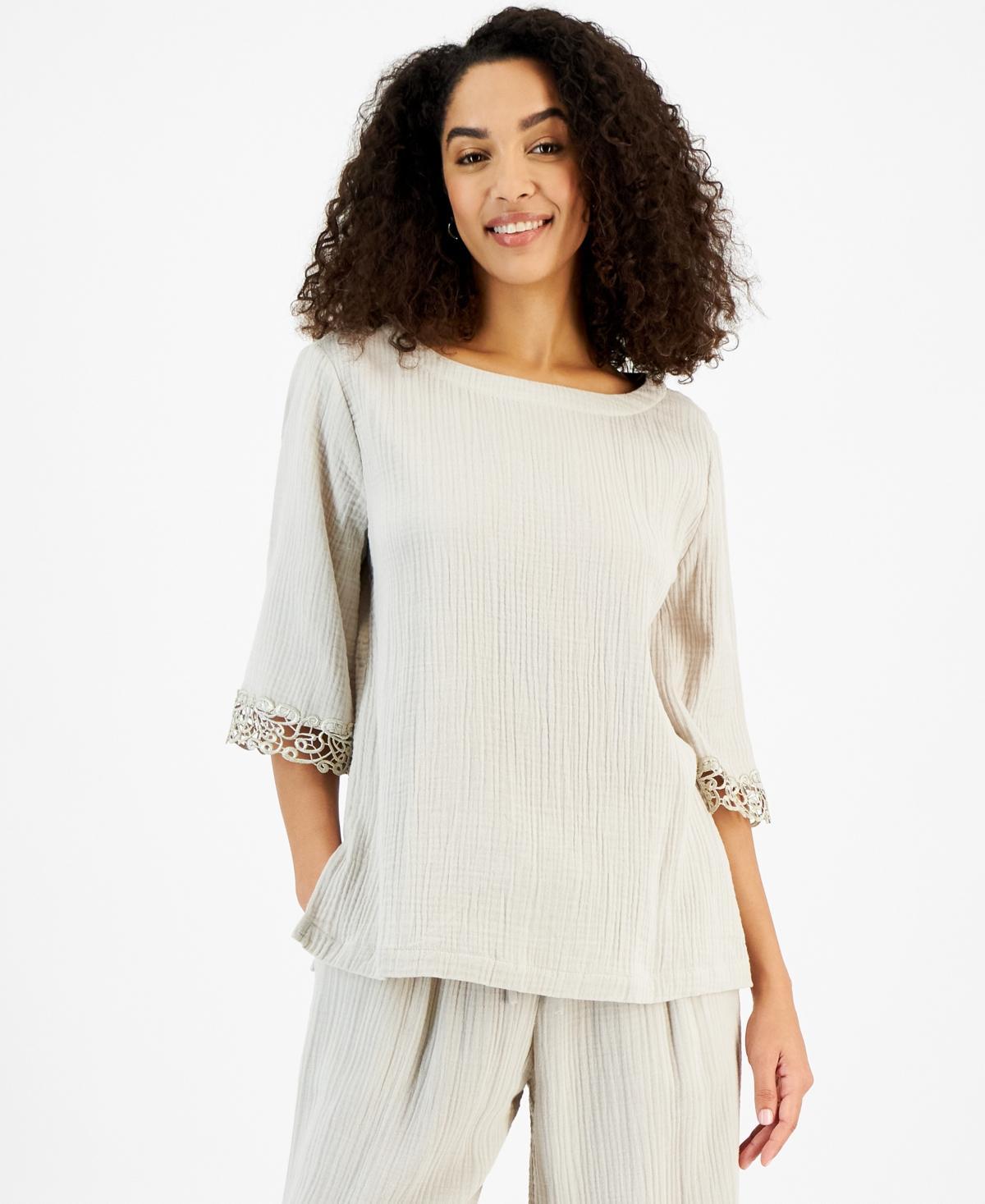 Jm Collection Womens Boat-Neck 3/4-Sleeve Gauze Top, Created for Macys Product Image