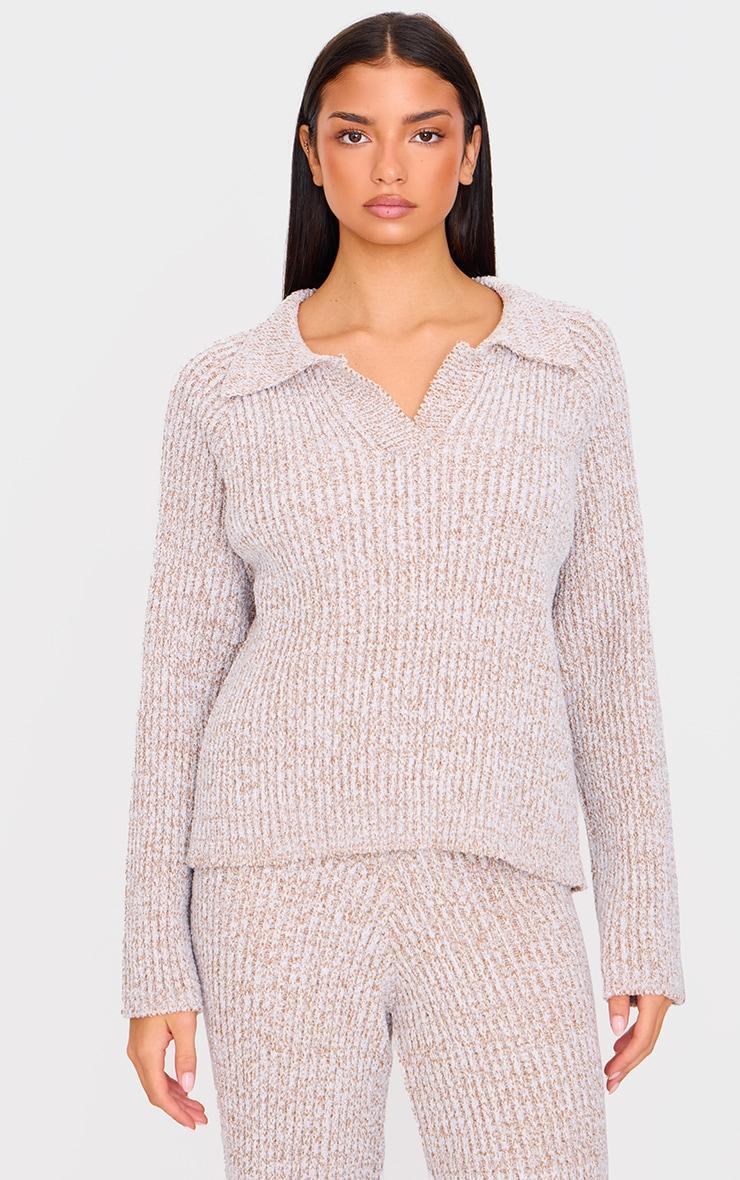 Stone Marl Knitted V Neck Oversized Sweater Product Image