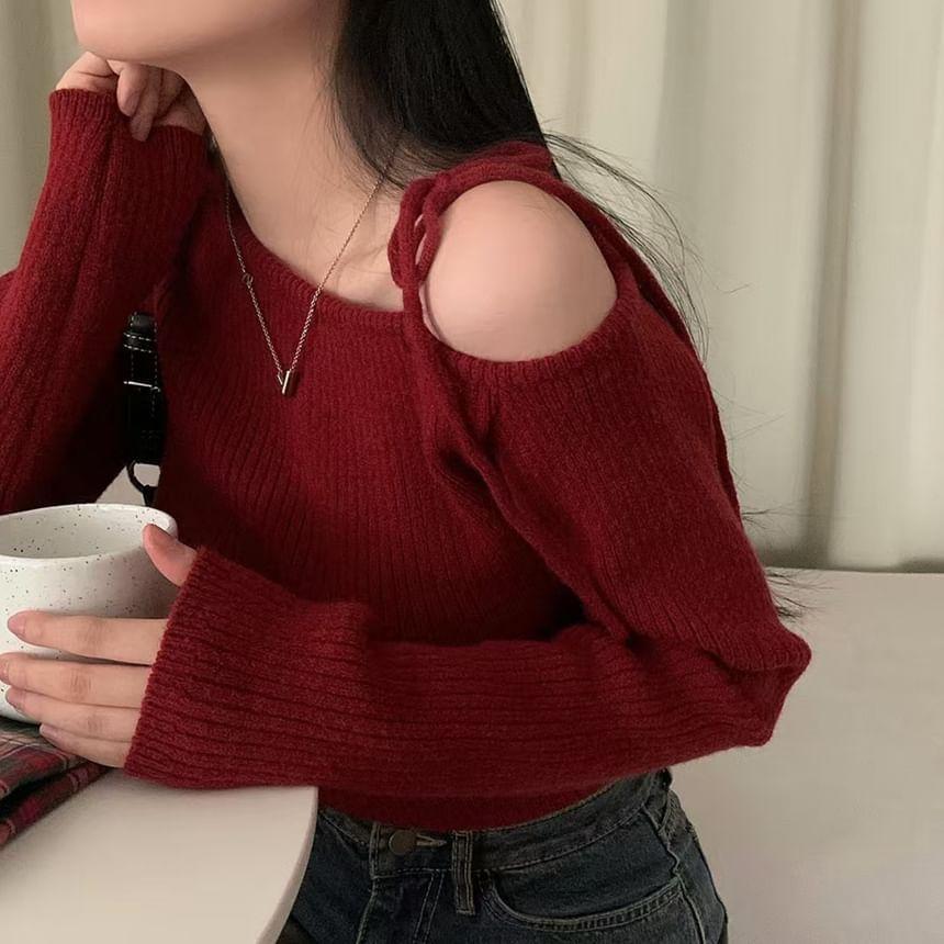 Cold-Shoulder Plain Ribbed Sweater Product Image