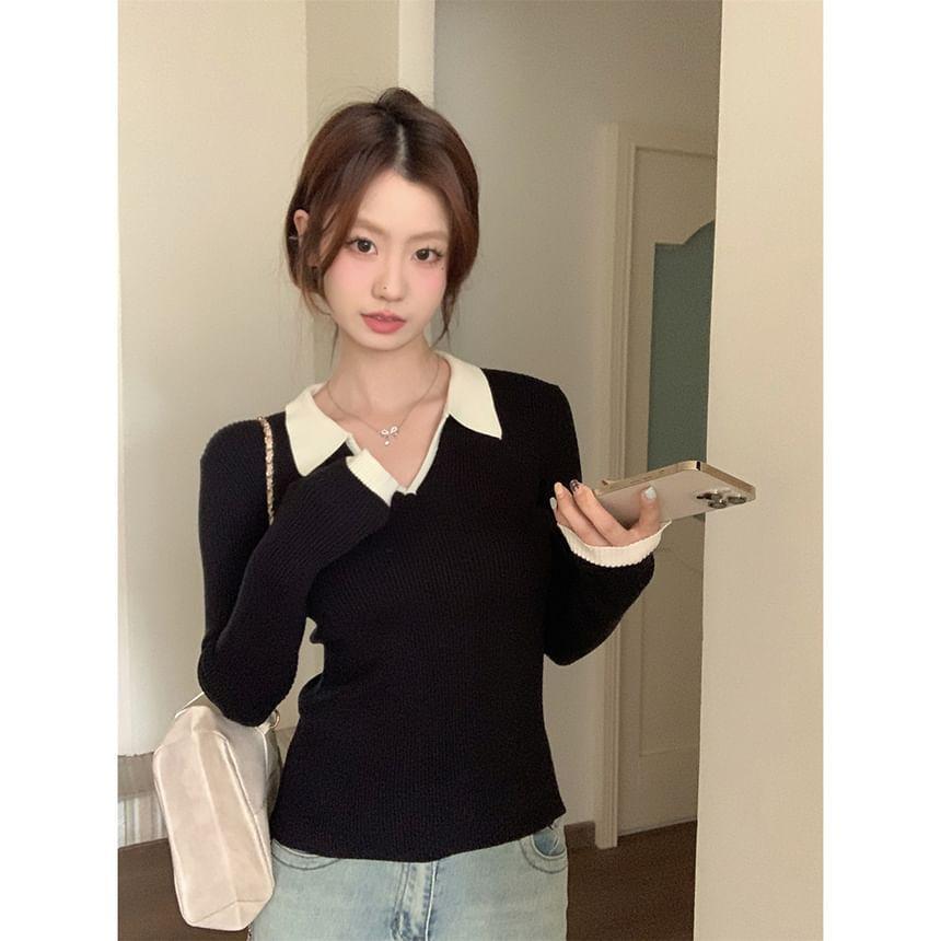 Long Sleeve V-Neck Color-Block Slim-Fit Polo Knit Top product image