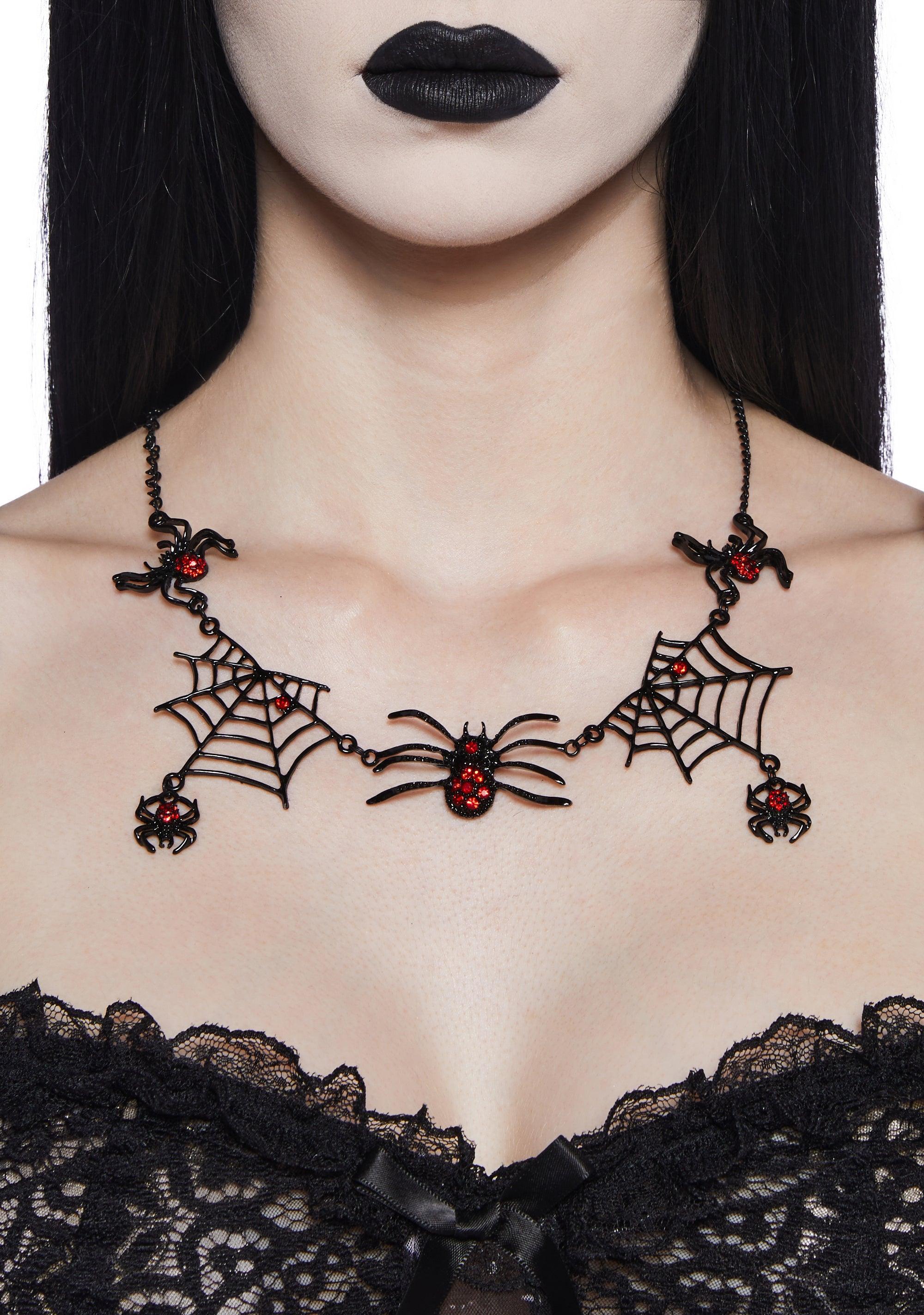 Spider Gemstone Web Statement Necklace - Black Product Image