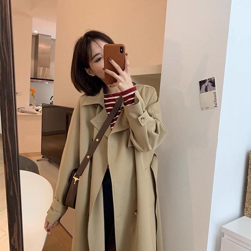 Collar Plain Midi Double-Breasted Trench Coat Product Image