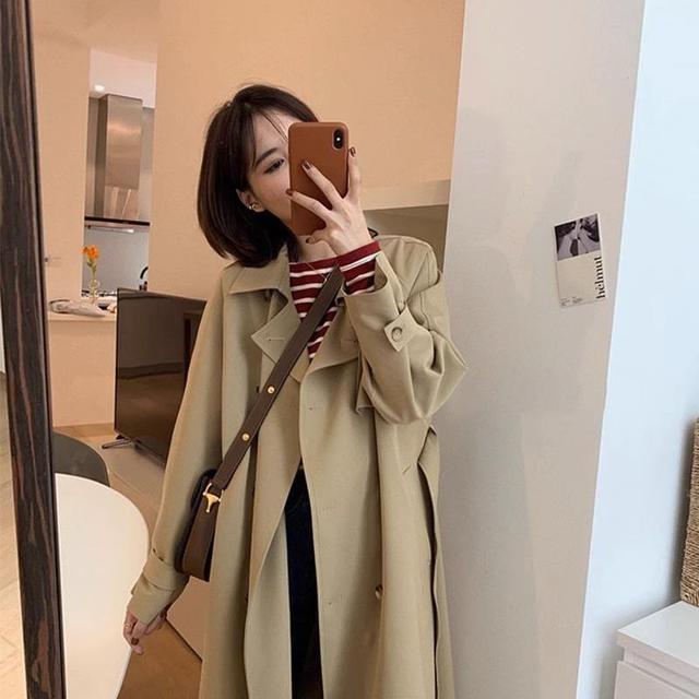 Collar Plain Midi Double-Breasted Trench Coat Product Image