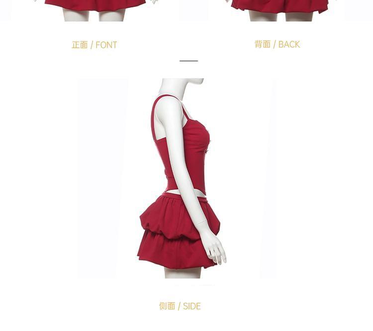 Set: Sleeveless Ribbon Accent Plain Crop Top + Mini Tiered Skirt Product Image