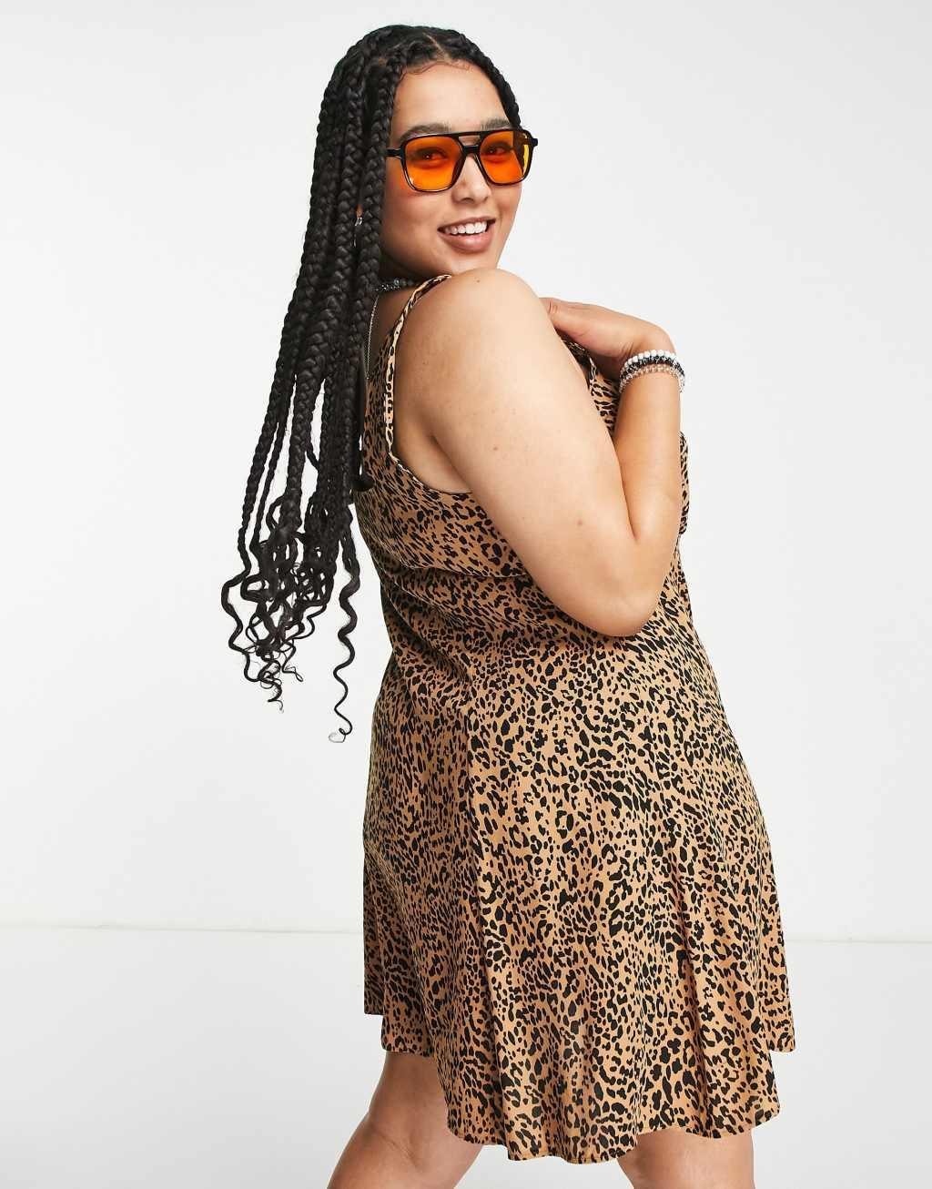 ASOS DESIGN Curve soft mini sundress with bust detail in leopard print Product Image