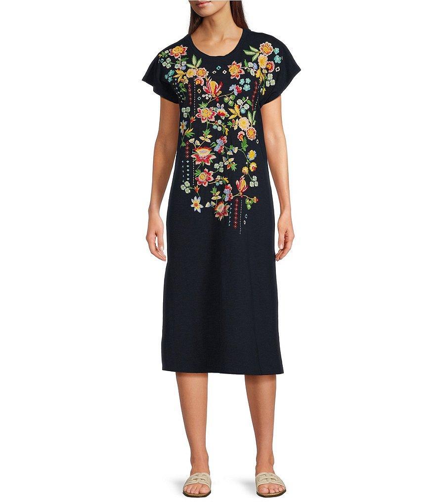 Reba Scoop Neck Short Sleeve Floral Embroidered Knit Shift Midi Dress Product Image