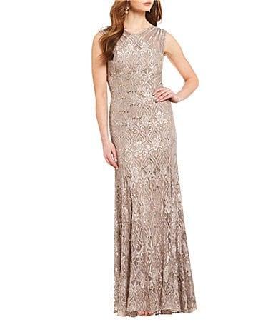 R  M Richards Illusion Shoulder High V-Neck Sleeveless Lace Sheath Gown Product Image