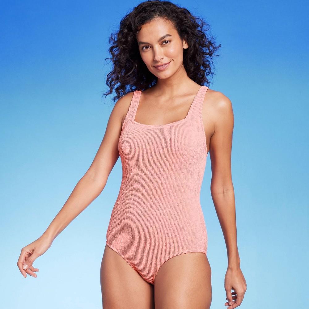 Womens Full Coverage Pucker Textured Square Neck One Piece Swimsuit - Kona Sol Coral Pink L Product Image