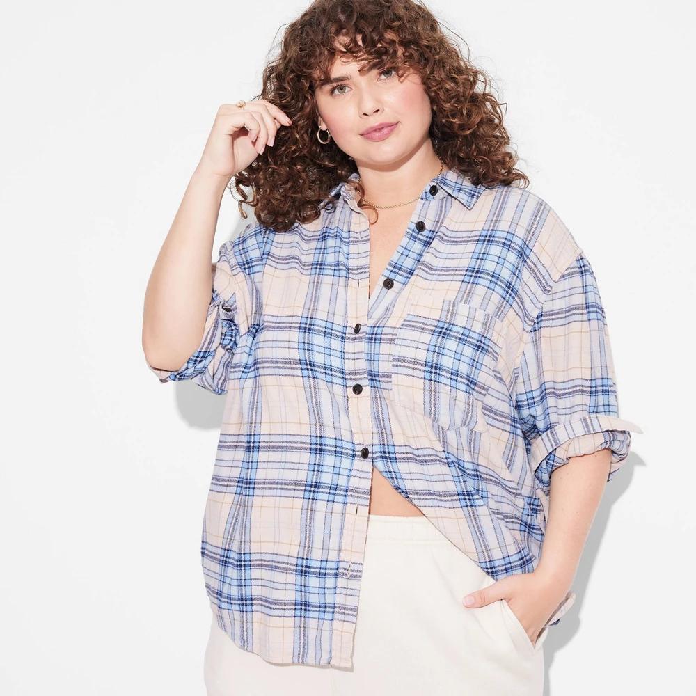 Womens Long Sleeve Oversized Flannel Button-Down Shirt - Wild Fable Plaid 4X Product Image