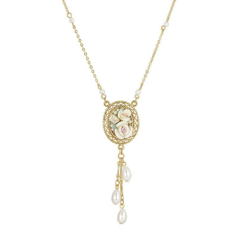 1928 Gold Tone Porcelain Rose Pendant Necklace with Simulated Pearl Drops, Womens, White Product Image