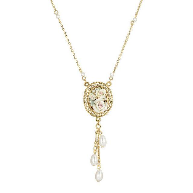 1928 Gold Tone Porcelain Rose Pendant Necklace with Simulated Pearl Drops, Womens, White Product Image