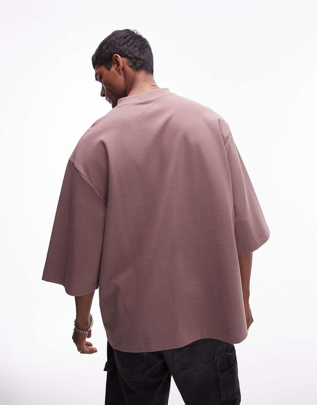 Topman premium heavyweight oversized fit mid sleeve T-shirt 300gsm in mink Product Image