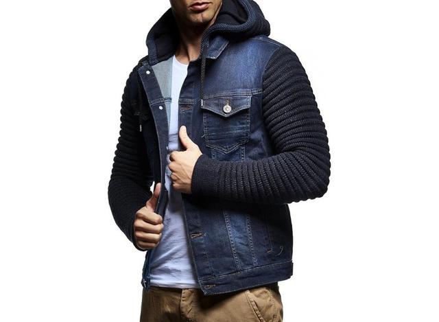 Leif Nelson Mens LN5240 Casual Denim Jacket with Knitted Sleeves Blue Product Image