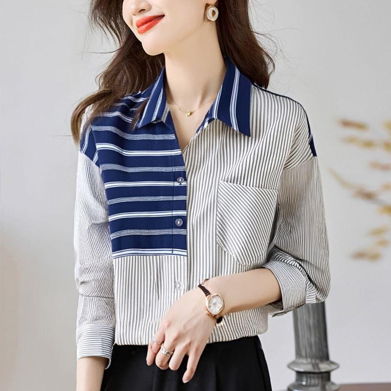 Long-Sleeve Striped Pocket Detail Shirt Product Image