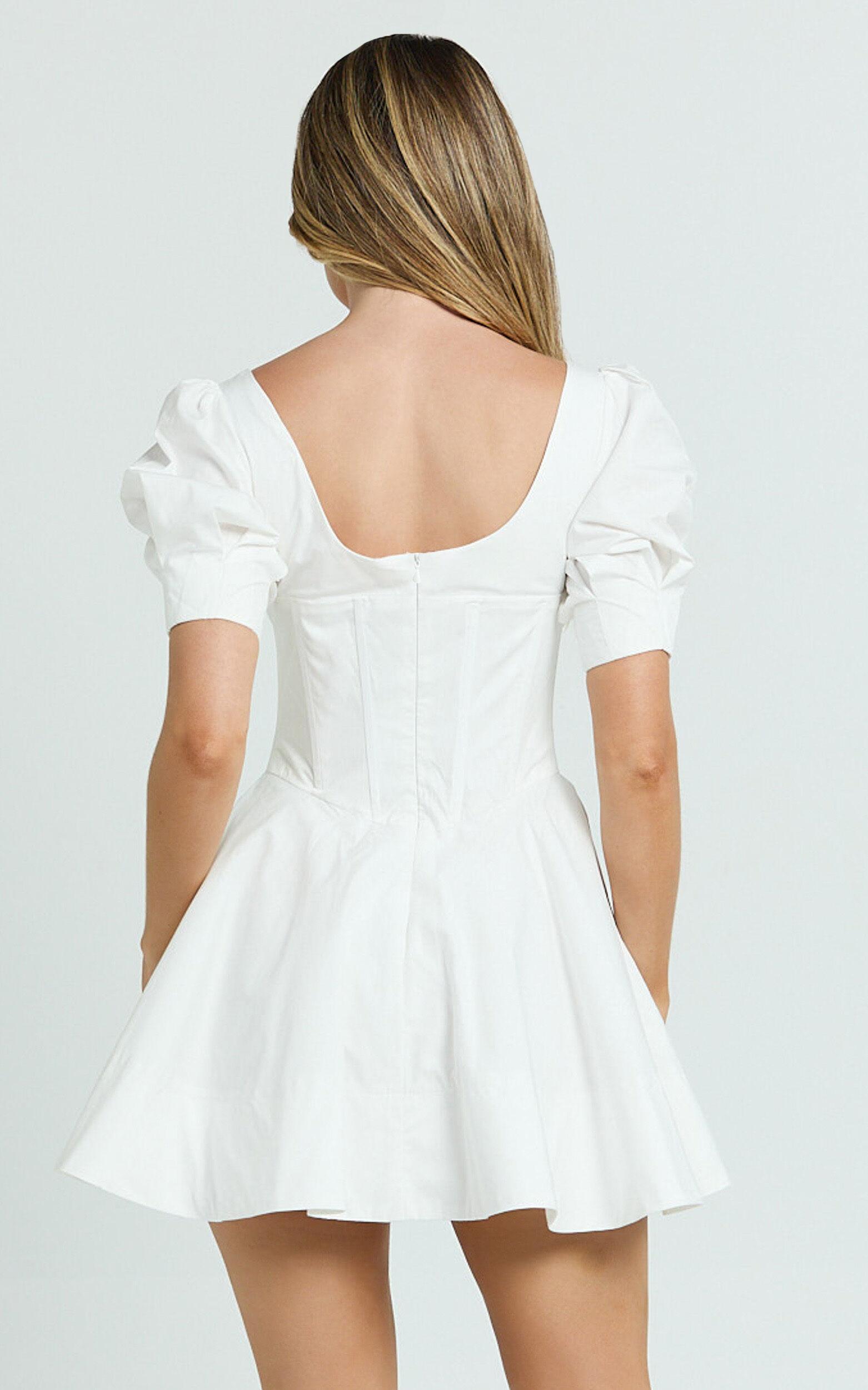 Emma Mini Dress - Scoop Neck Sleeved Corset Drop Waist Circular Skirt Dress in Off White Product Image