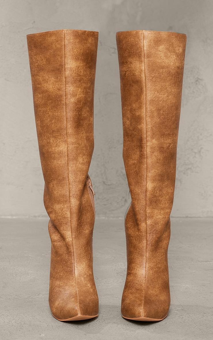 Tan Distressed Pu Point Toe Knee High Heeled Boots Product Image