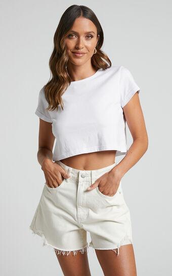 Eloisa Shorts - Recycled Cotton Raw Hem Denim Shorts in Ecru Product Image