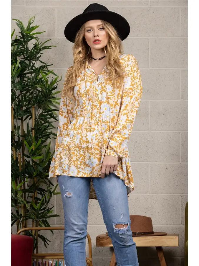 Ivory Floral Print Babydoll Style Longsleeve Top Female Product Image