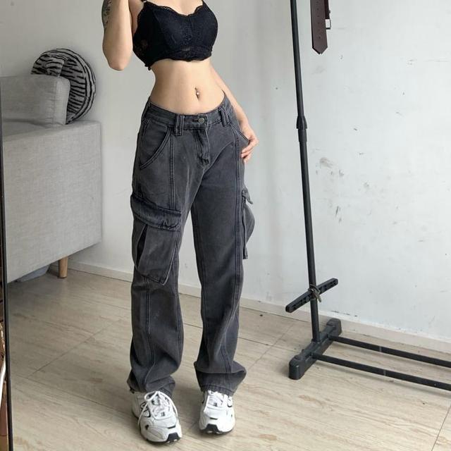 Plain High Waist Loose Fit Cargo Pants Product Image