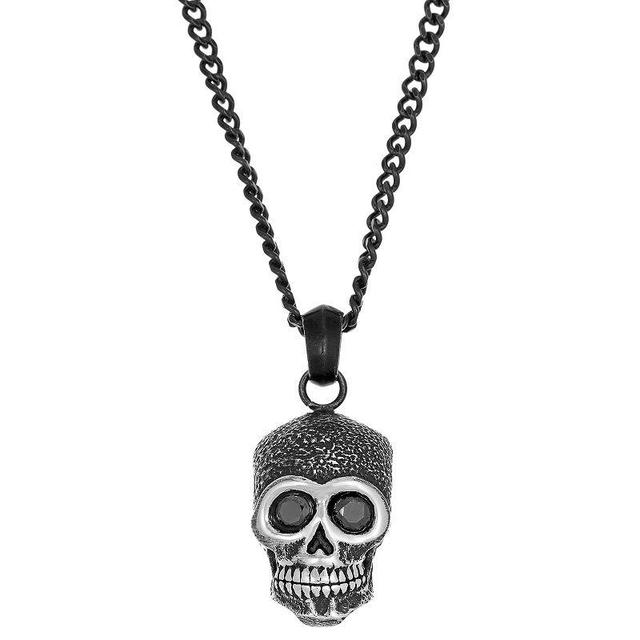 Mens LYNX Black Stainless Steel Cubic Zirconia Skull Pendant Necklace Product Image