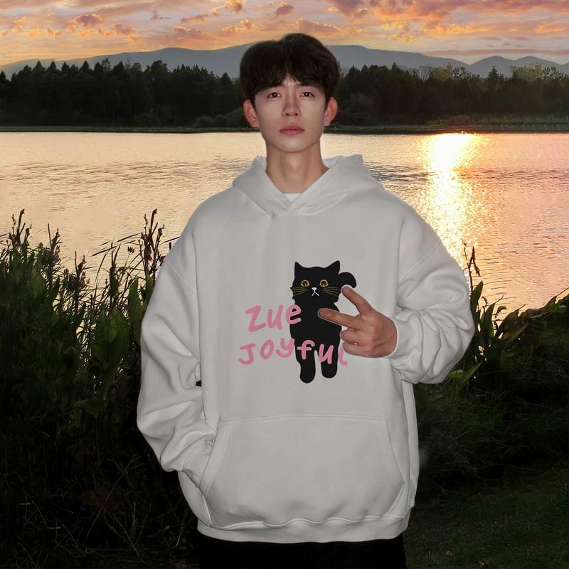 Cat Print Lettering Hoodie Product Image