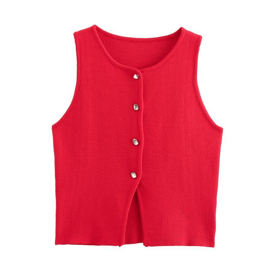 Round Neck Plain Button Sweater Vest Product Image