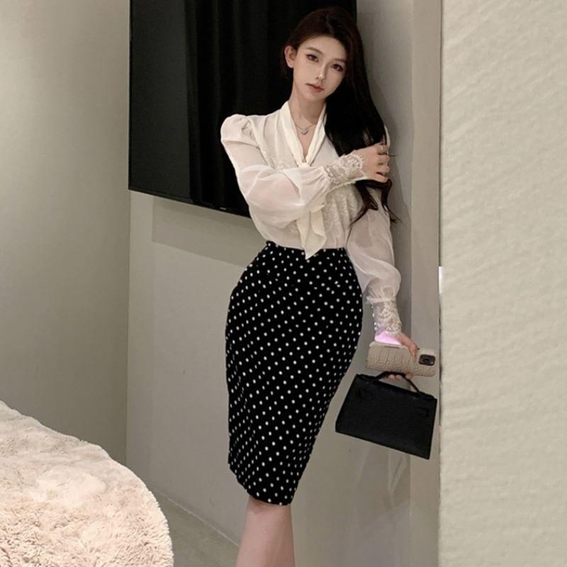 Long-Sleeve Tie-Neck Lace Panel Blouse / High Waist Dotted Pencil Skirt Product Image