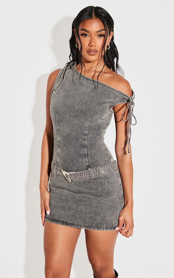 Washed Black Tie Shoulder Belted Denim Mini Dress Product Image