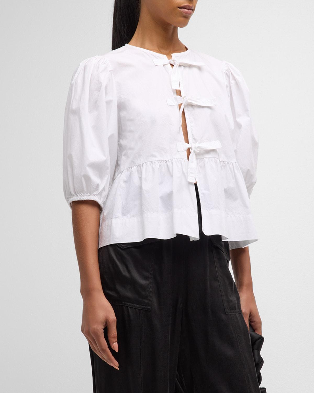 Poplin Front-Tie Peplum Blouse with Puffed-Sleeves Product Image