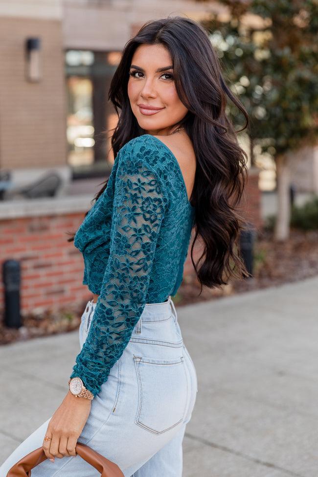 A Full Life Teal Velvet Lace Corset Long Sleeve Blouse Product Image