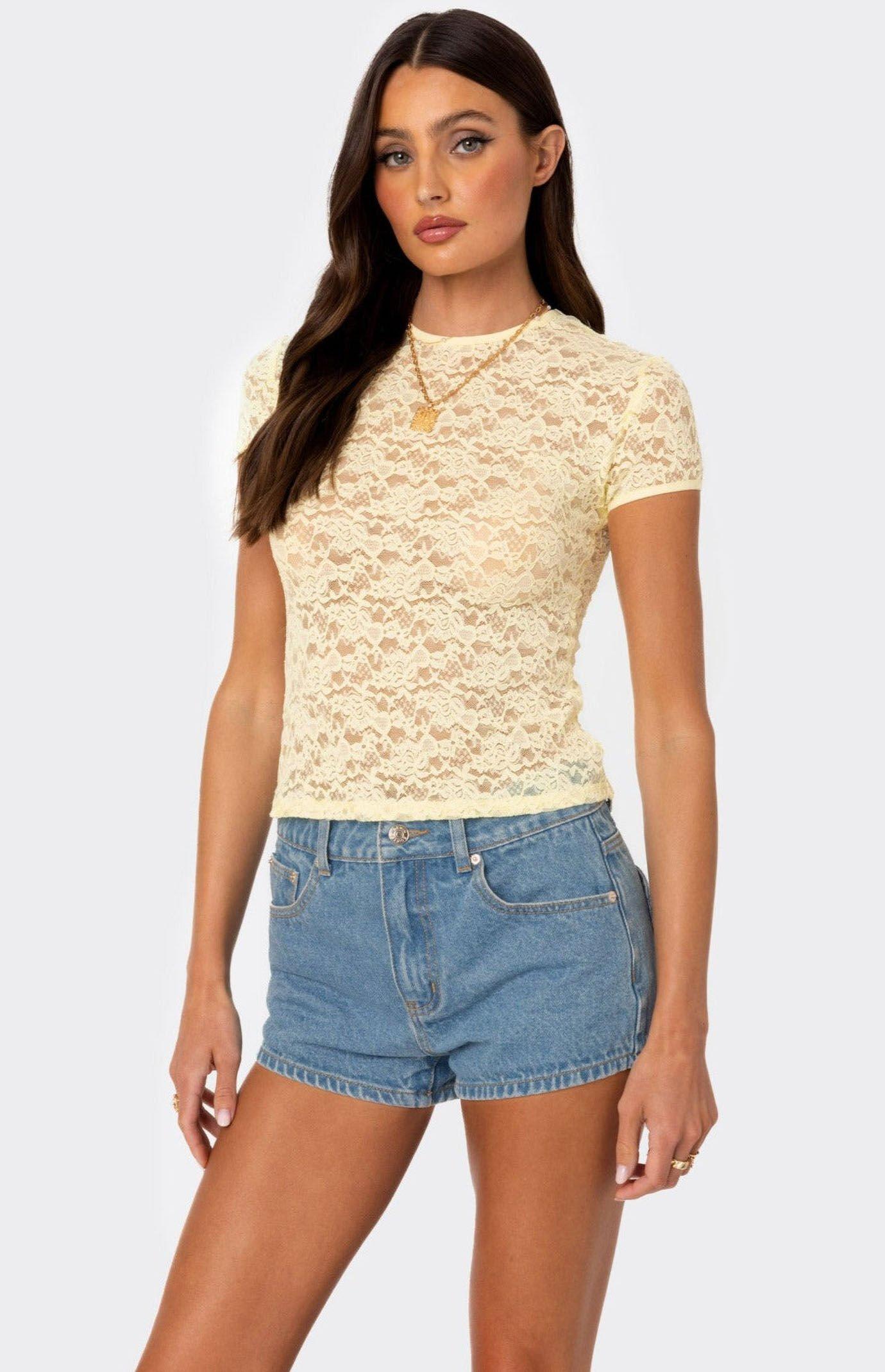 Edikted Women's Kaori Sheer Lace T-Shirt Product Image