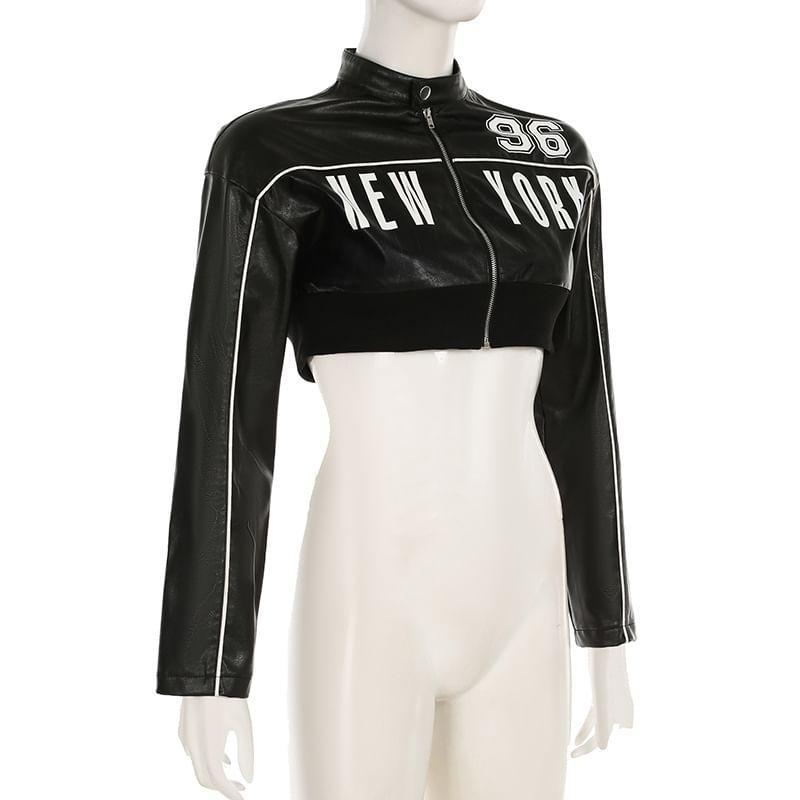 Stand Collar Lettering Faux Leather Crop Zip Jacket Product Image