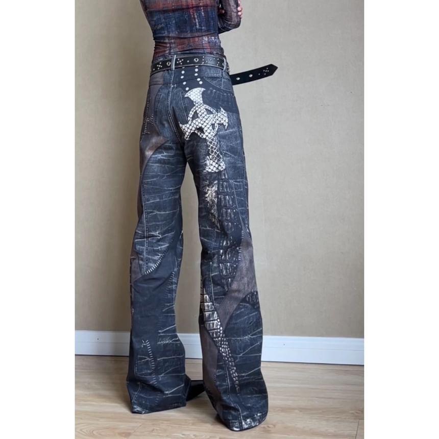 Low Waist Patterned Flared Jeans Product Image