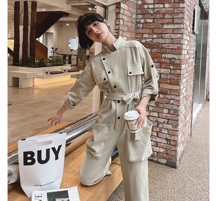 Long-Sleeve Collared Plain Button Jumpsuit Product Image