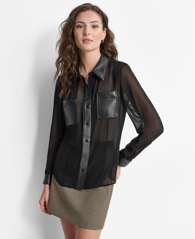 Dkny Womens Sheer Mixed-Media Button-Front Long-Sleeve Top Product Image