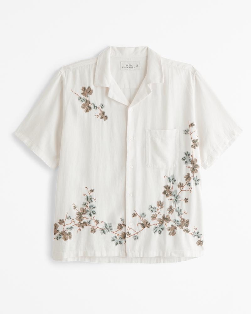 Camp Collar Summer Linen-Blend Embroidered Shirt Product Image