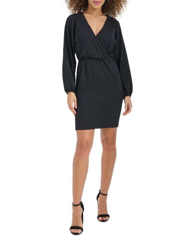 Siena Womens Textured Faux-Wrap Blouson-Sleeve Dress Product Image