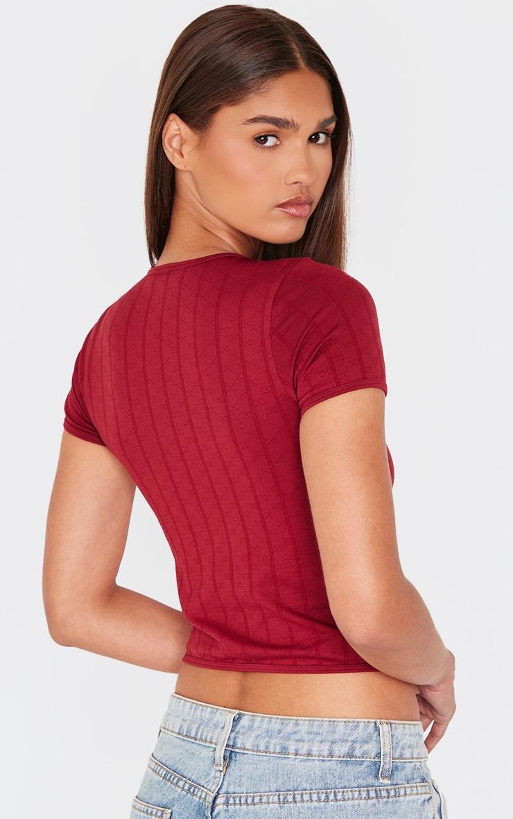 Burgundy Contour Pointelle Crew Neck Short Sleeve Long Top Product Image