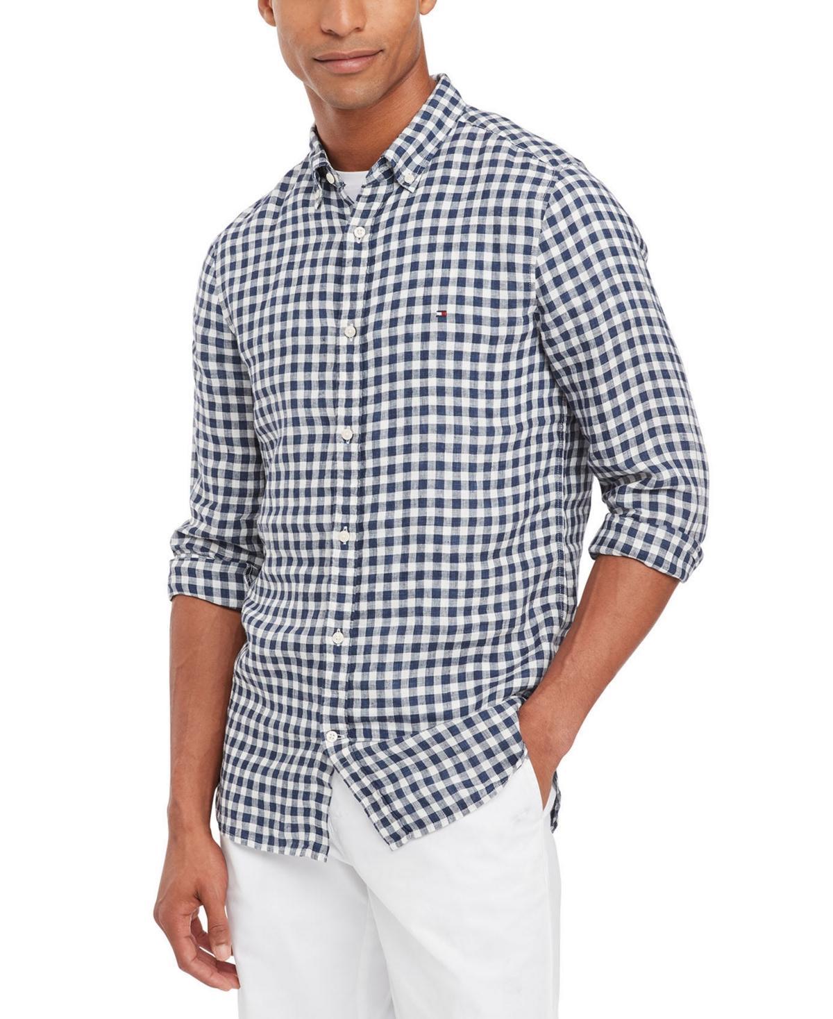 Tommy Hilfiger Mens Slim-Fit Gingham Check Button-Down Linen Shirt - Faded Olive Product Image