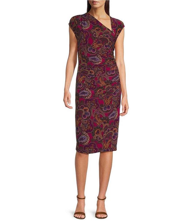 Lauren Ralph Lauren Kehlani Paisley Stretch Jersey Asymmetrical V-Neckline Cap Sleeve Midi Dress Product Image