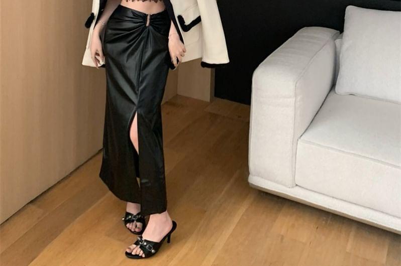 Lapel Collared Two Tone Single Breasted Blazer / High Waist Faux Leather Midi Pencil Skirt / Lace Crop Cami Top Product Image