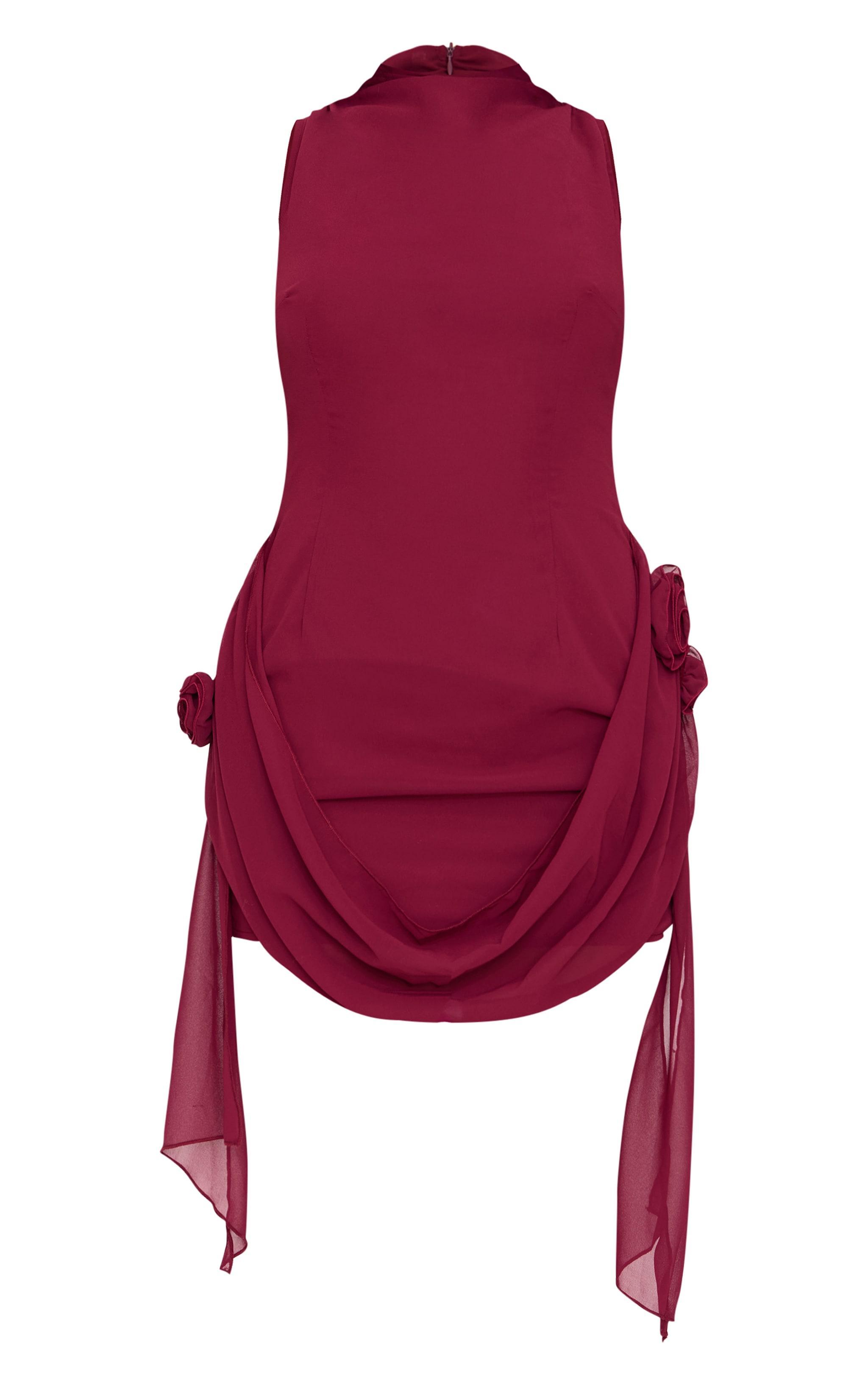 Burgundy Chiffon Boat Neck Drape Detail Mini Dress Product Image