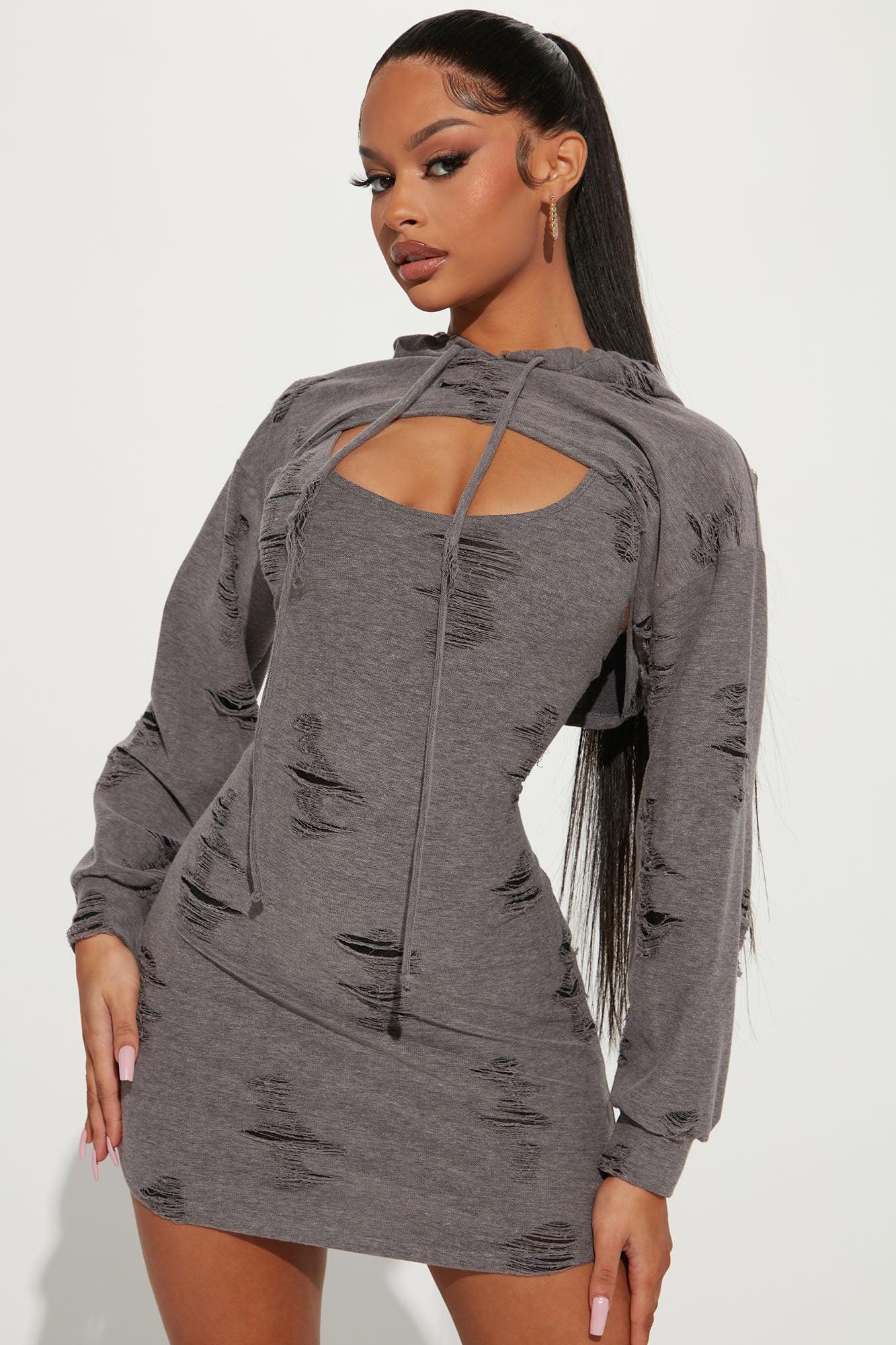 Looking Distressed Sweatshirt Mini Dress - Grey Product Image