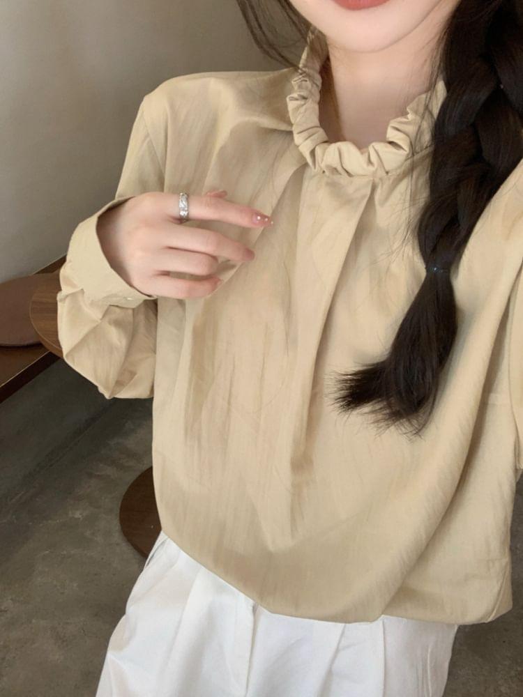 Long-Sleeve Plain Frill Trim Blouse Product Image